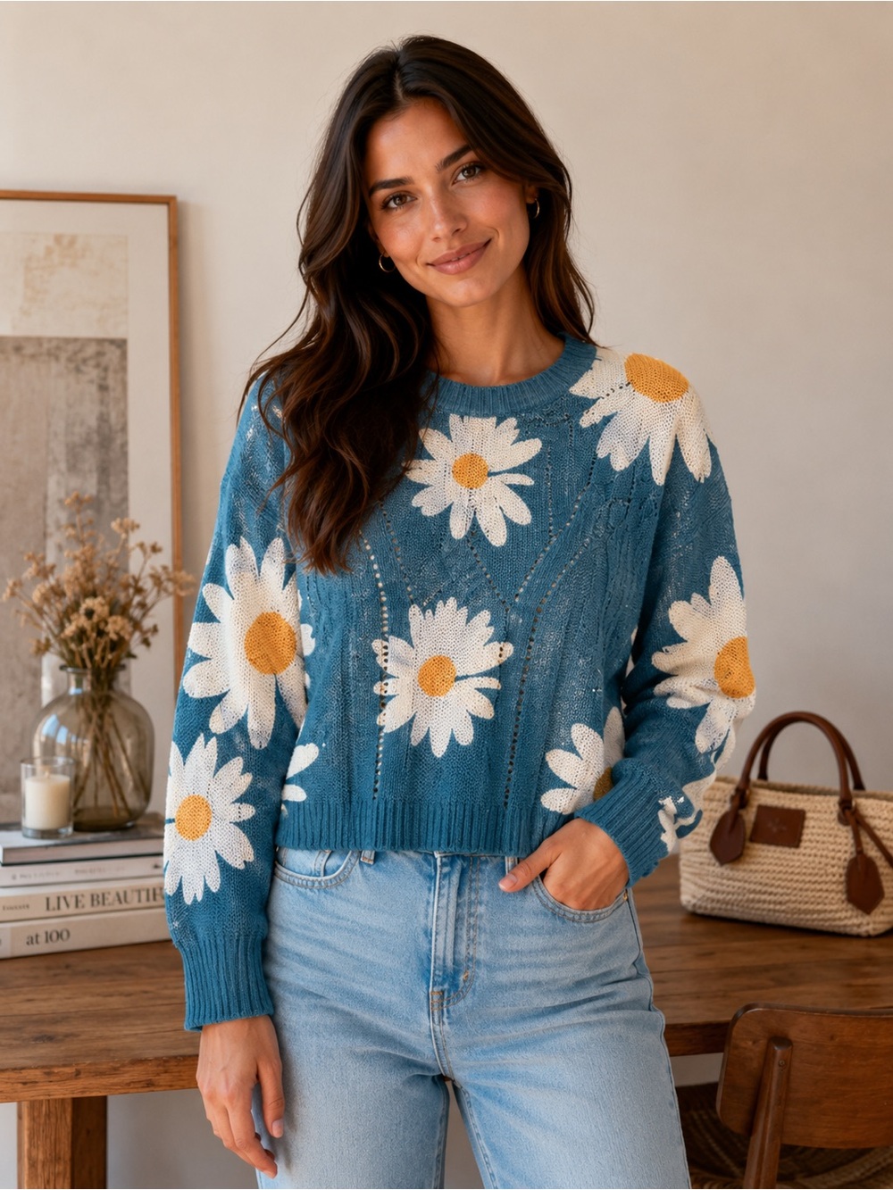 DAVI & DANI Blue Daisy Crewneck Open Knit Sweater (NWT)